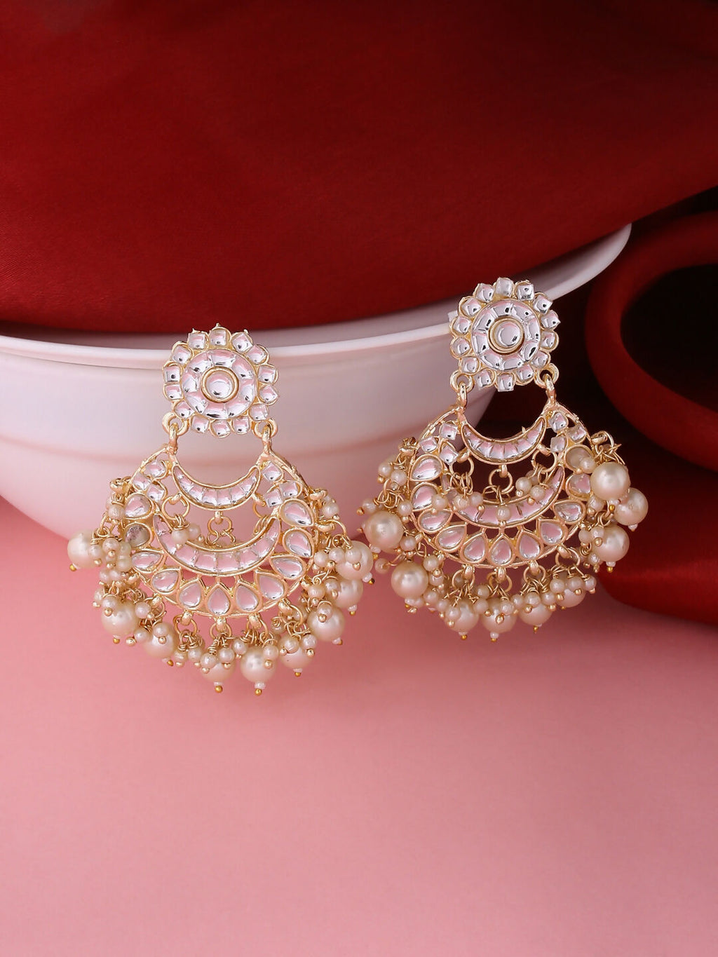 NVR Women Gold-Polished Studded Kundan Chandbali Earrings