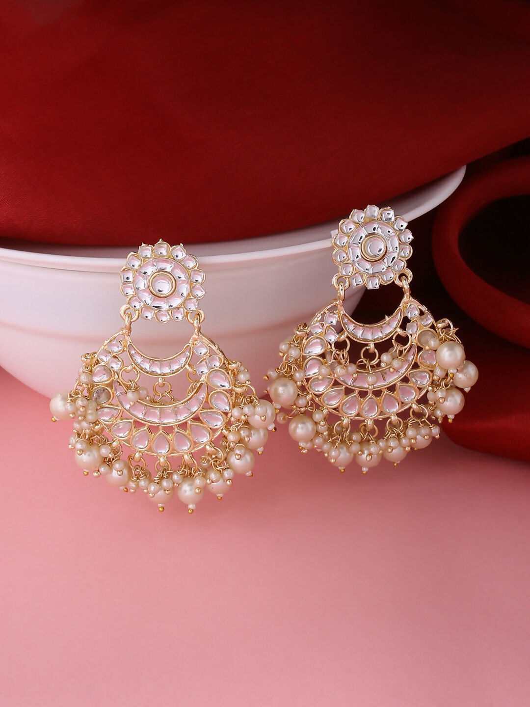 NVR Women Gold-Polished Studded Kundan Chandbali Earrings