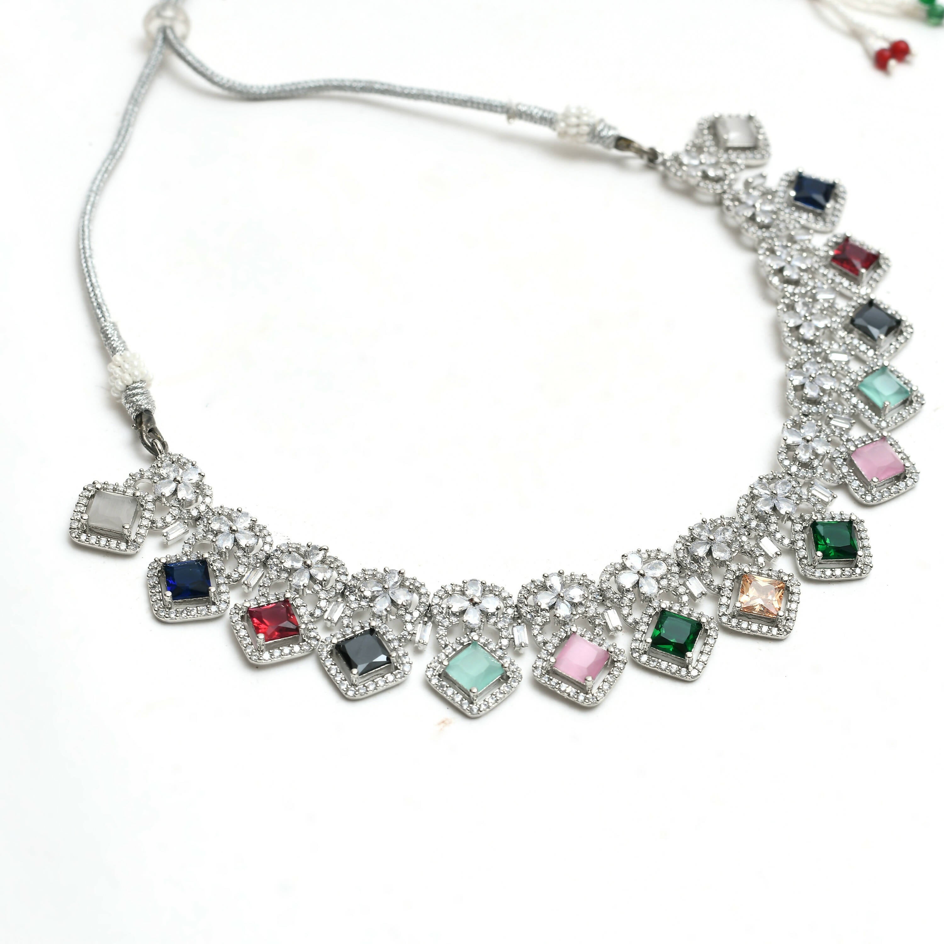 Mominos Fashion Johar Kamal Women Silver-Plated American Diamond Multi Colour Choker Set