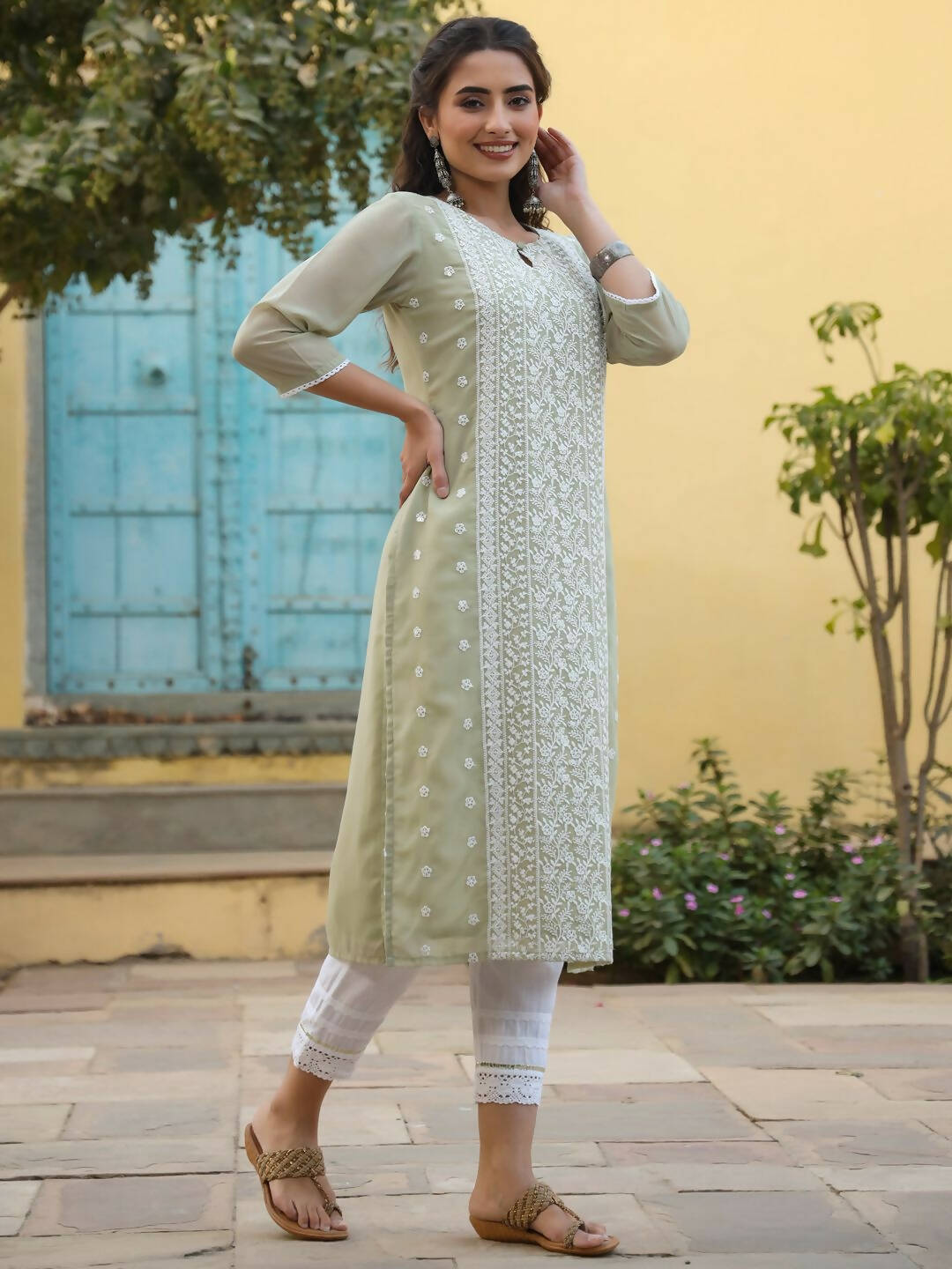 Juniper Women's Ltgreen Georgette Printed Kurta
