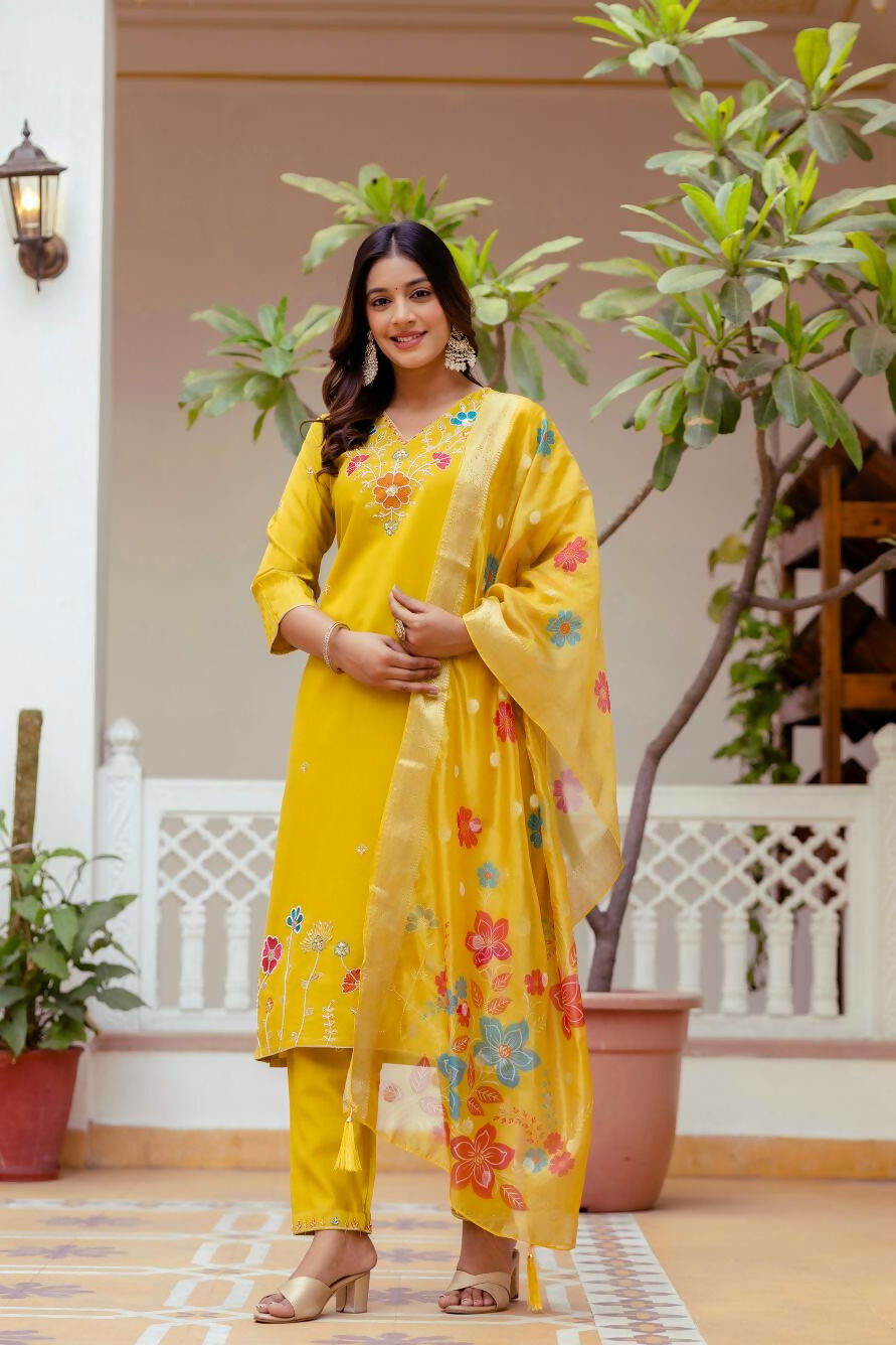The52 Yellow Women's Gorgeous Embroidered work Viscose Gadhwal Fabric Straight Kurta, Pant and Dupatta Set