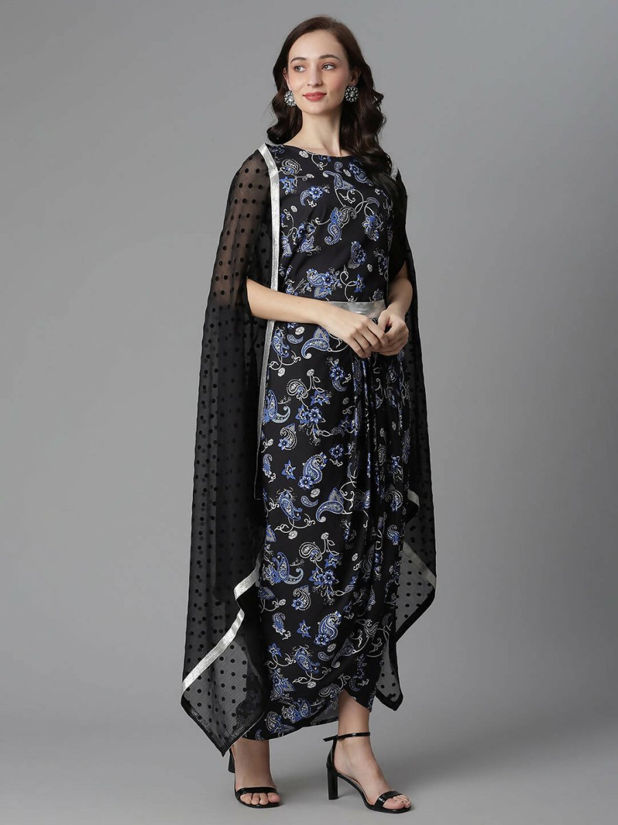 Ahalyaa Women's Black Color Crepe Digital Print Top Skirt With Shrug