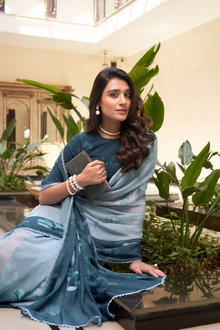 Vastranavya Rama Weightless Marble Printed & Trim Lace Border Saree with Unstitched Blouse