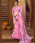 Light Pink Silver Chiffon Printed Saree With Unstitched Blouse Piece - Jyoti