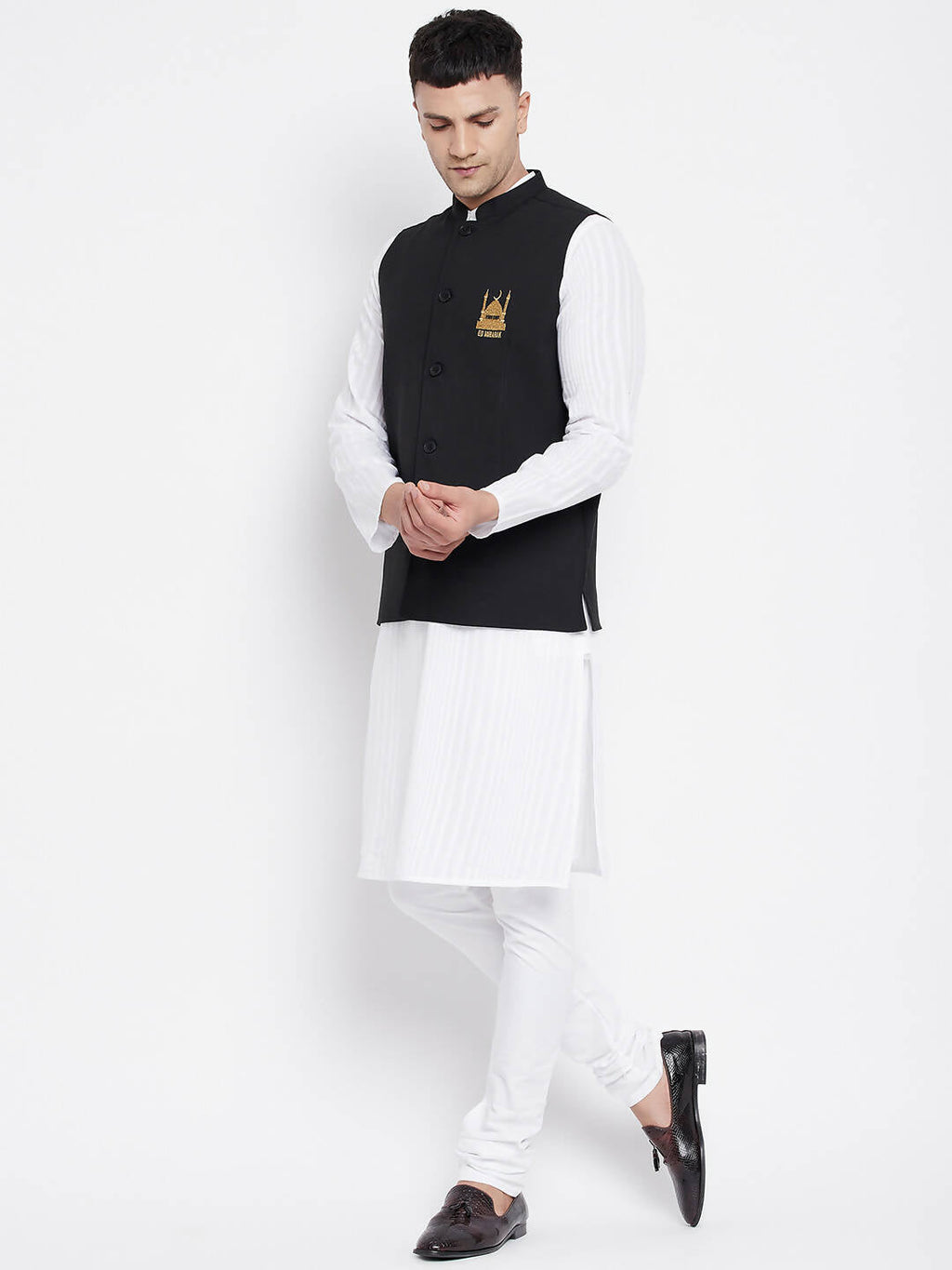 Even Apparels Black Pure Cotton White Kurta Sets With Eid Insignia Jackets PW66
