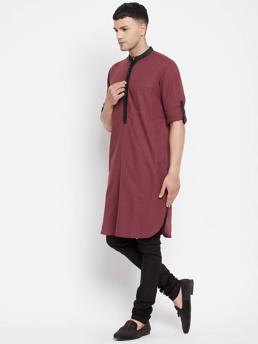 Even Apparels Maroon Pure Cotton Men's Kurta With Contrast Collar And Placket