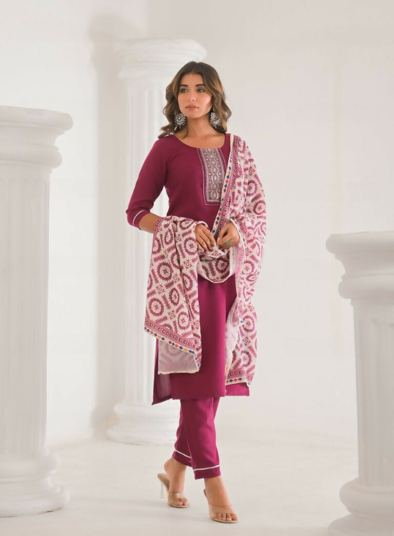 Festive Ethnic Viscose Chanderi Maroon Stitched Suit With Dupatta - Rashmika