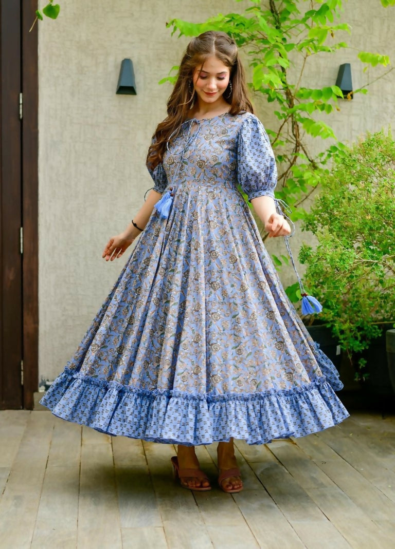 Jyoti Fashion Women's Blue Heavy Digital Printed Cotton Silk Anarkali Dress