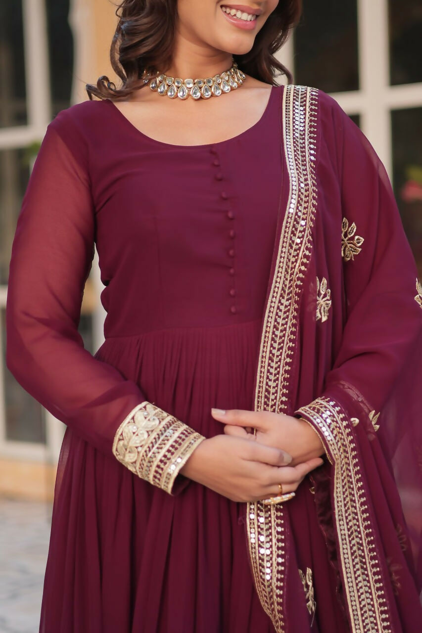 Vastranavya Premium Designer Faux Blooming with Embroidery Zari Sequins work Gown - Maroon