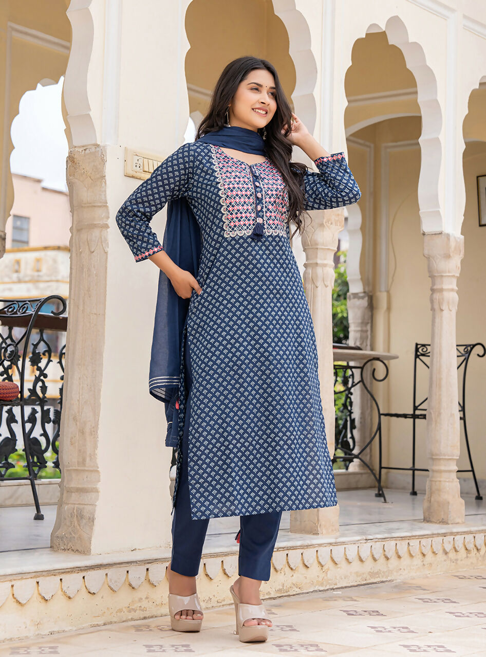 Kaajh Women's Blue Embroidered Cotton Suit Set