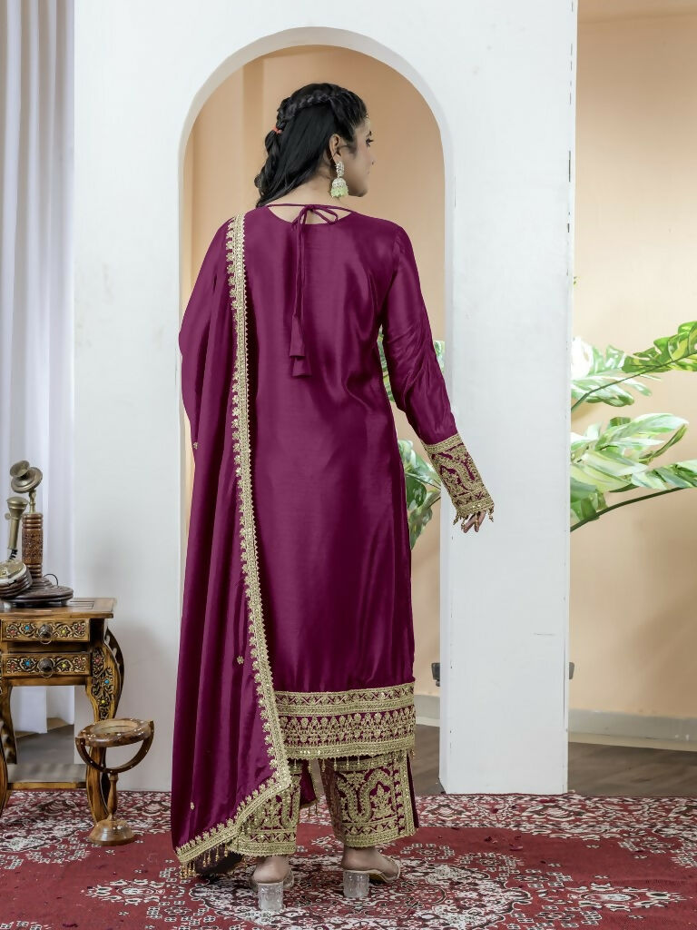 Teeya Creation Wine Color Chinnon Silk Embroidery Work Fully Stitched Salwar Suit