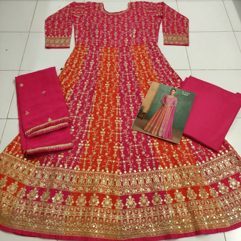 Vastranavya Pink Embroidered Sequence Work With swarovski Diamond Anarkali Salwar Suit Set