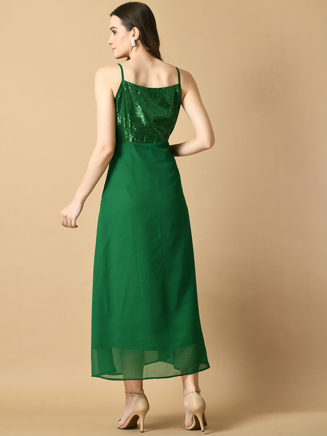 Myshka Women's Green Solid Georgette Party Dress