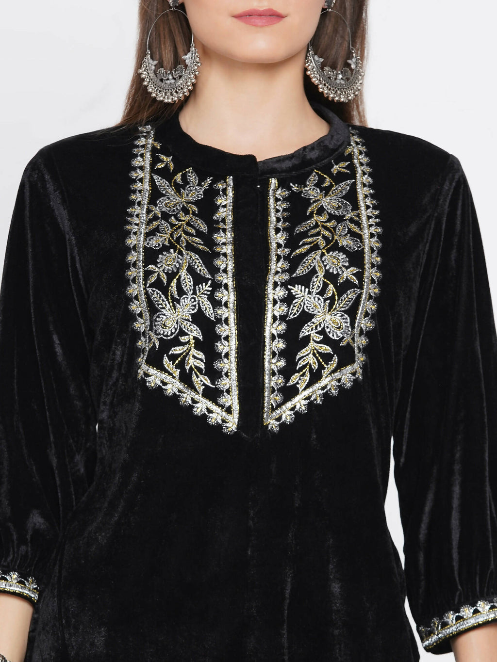 Women Republic Black Velvet Embroidered Kurta With Pants