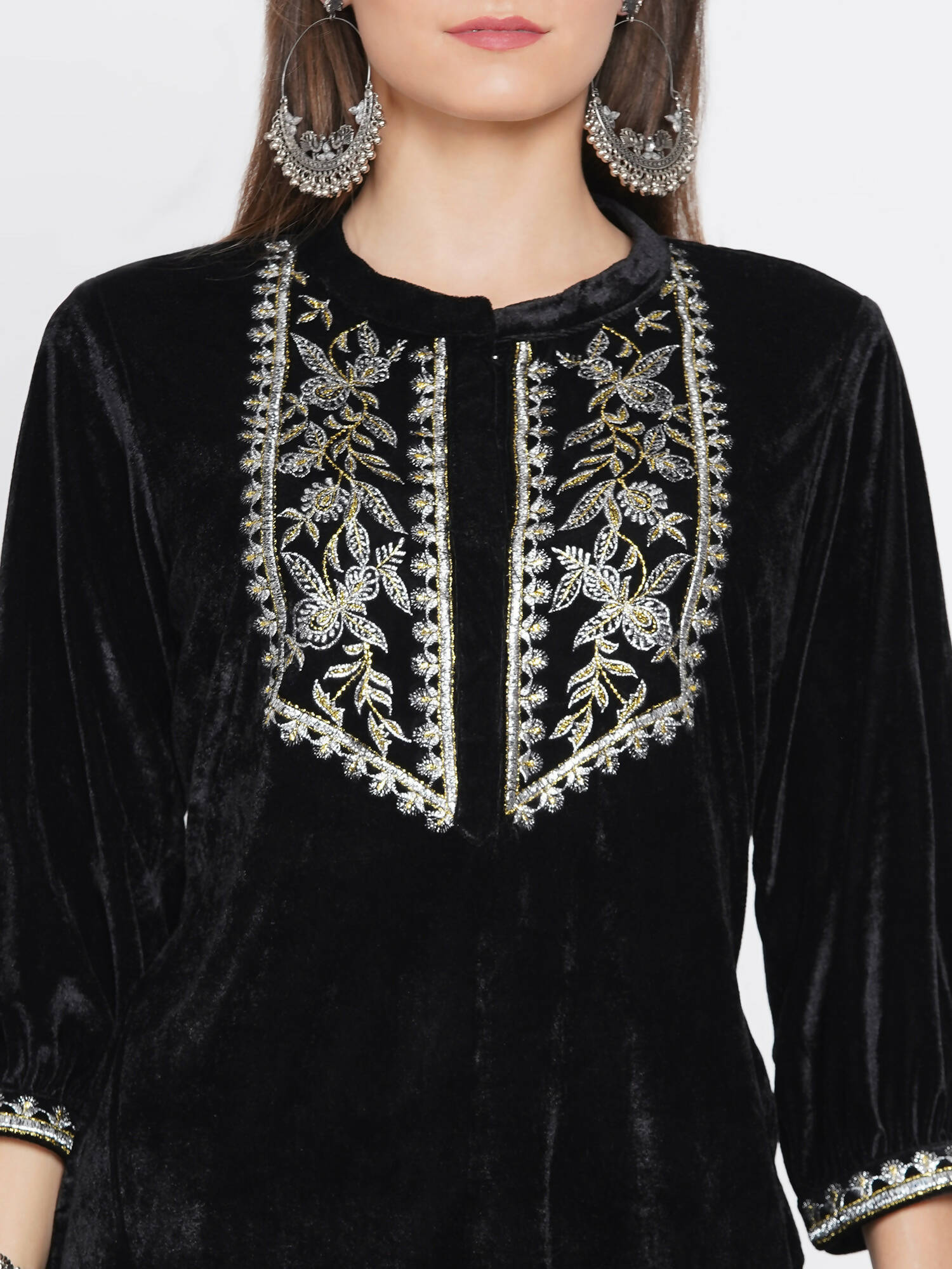 Women Republic Black Velvet Embroidered Kurta With Pants