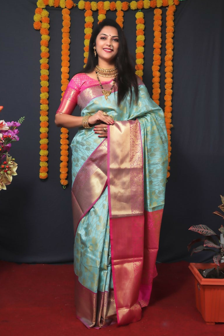 Jyoti Fashion Women's Sky Blue Kanjivaram Silk Zari Woven Saree with Blouse