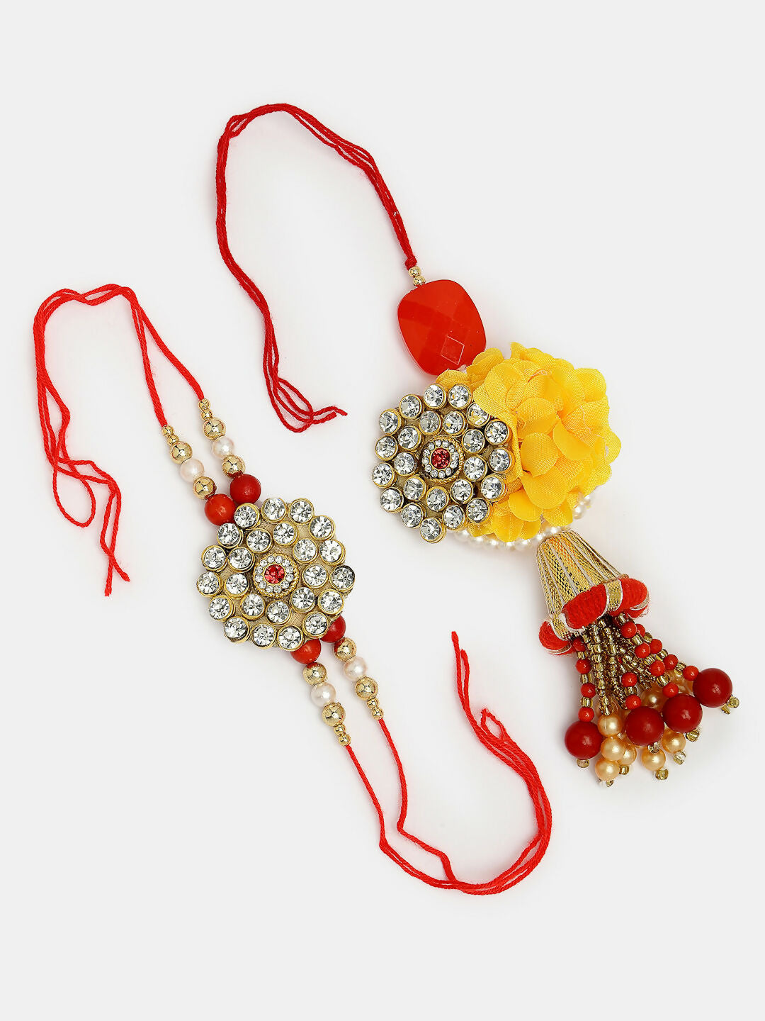 NVR Women & Men Set of 2 Red & Gold-Toned Stone-Studded & Beaded Bhaiya Bhabhi Rakhi With Roli Chawal & Chocolate