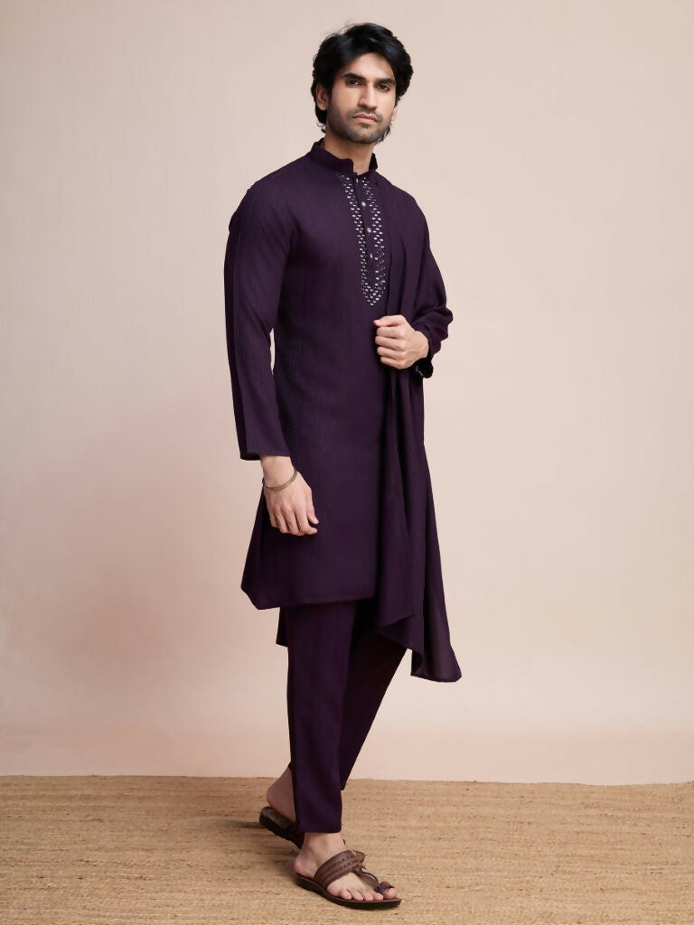 Vastranavya Traditional Festival Wear Viscose Thread & Sequence Embroidered Work Kurta Pant Set - Purple