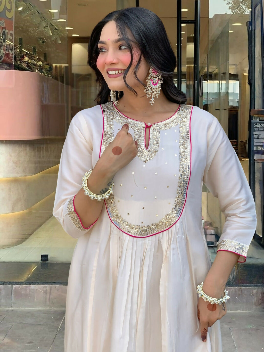 The52 White Women's Gorgeous Embroidered Work Chanderi Fabric Flared Kurta Pant and Dupatta Set