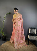 Joban Fashion Baby Pink Handloom Banarasi Organza Silk Khatali Butta Work Saree