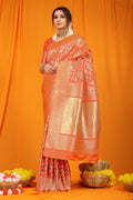 Jyoti Fashion Women's Orange Kanjivaram Silk Zari Woven Saree with Blouse