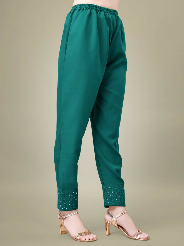 Jyoti Fashion Women's Teal Cotton Blend Embroidery & Sequence work Kurta with Trouser & Dupatta