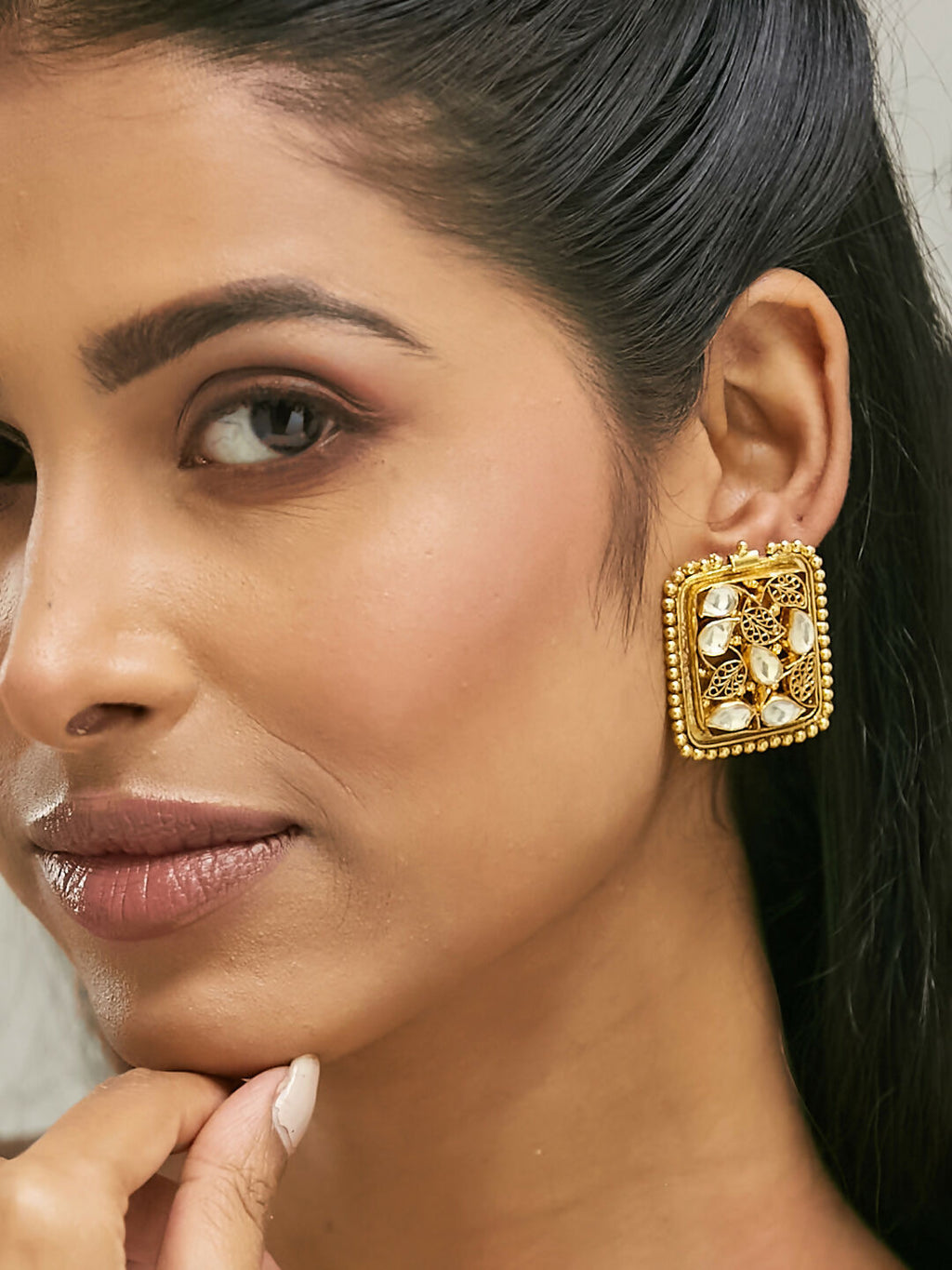 Nuyug 22K Gold-Plated Kundan & Filigree Concept Rectangular Leafy Studs