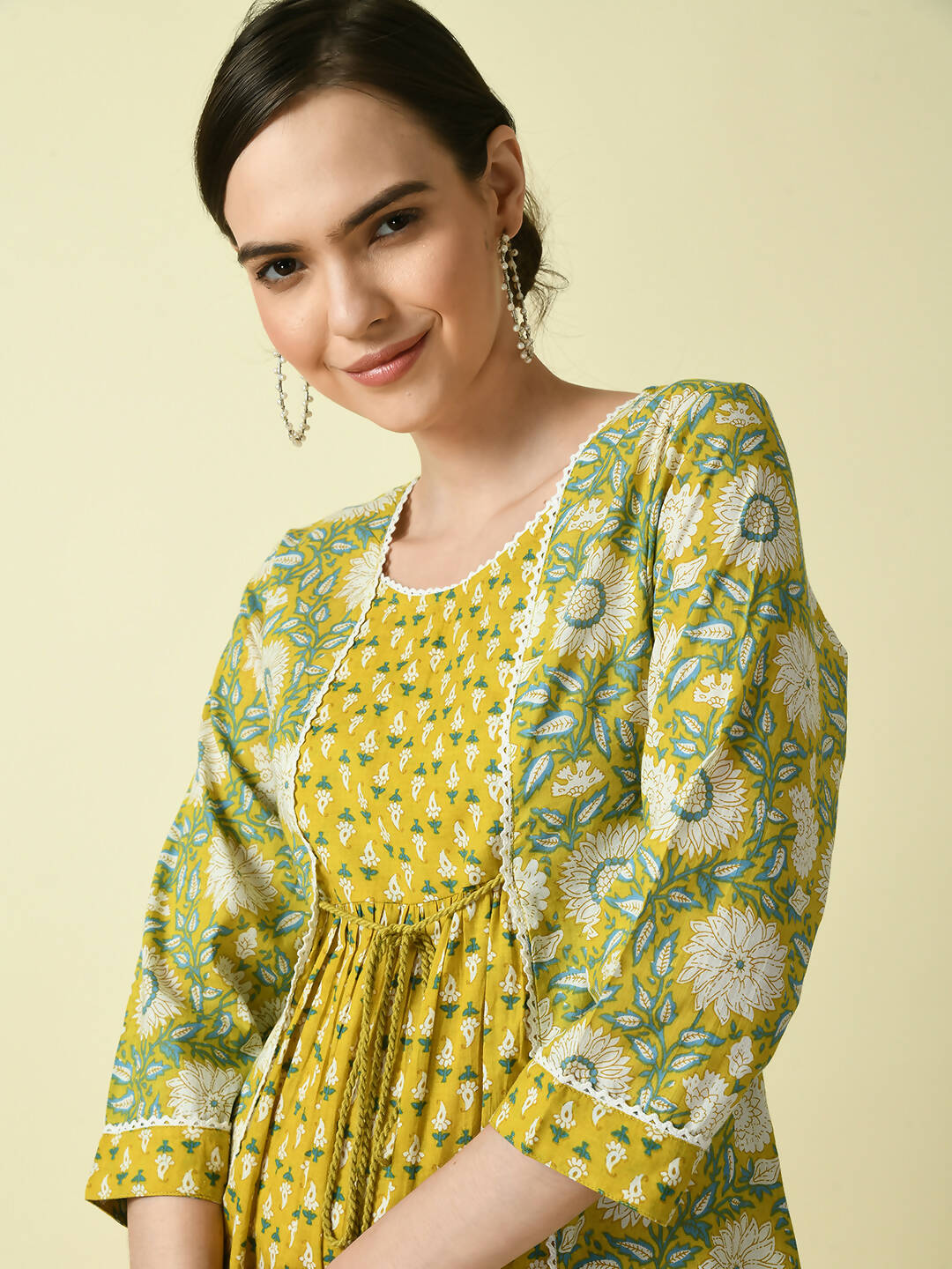 Myshka Women's Yellow Floral Printed Gown Dress