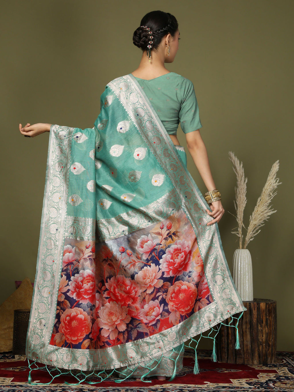 Shree Shyam Fashion Linen Cotton Rama Green Saree