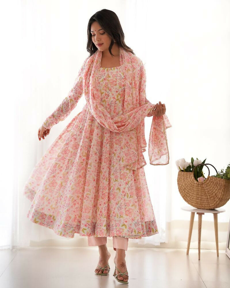 Joban Fashion Peach Kurta Set Organza Sequin Embroidery Work