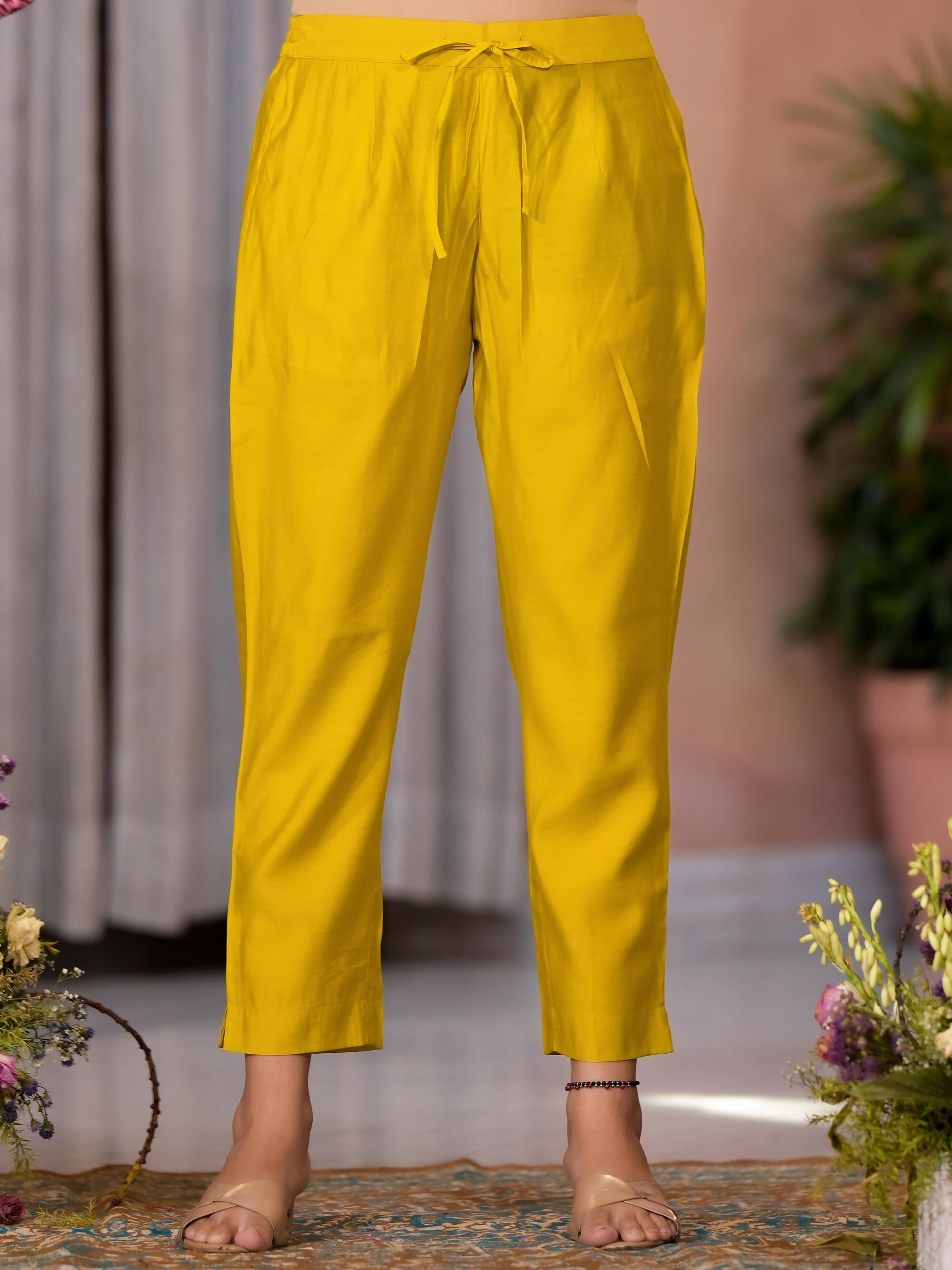 Juniper Women's Yellow Thread Embroidered Viscose Kurta Pant And Dupatta Set With Zari Work