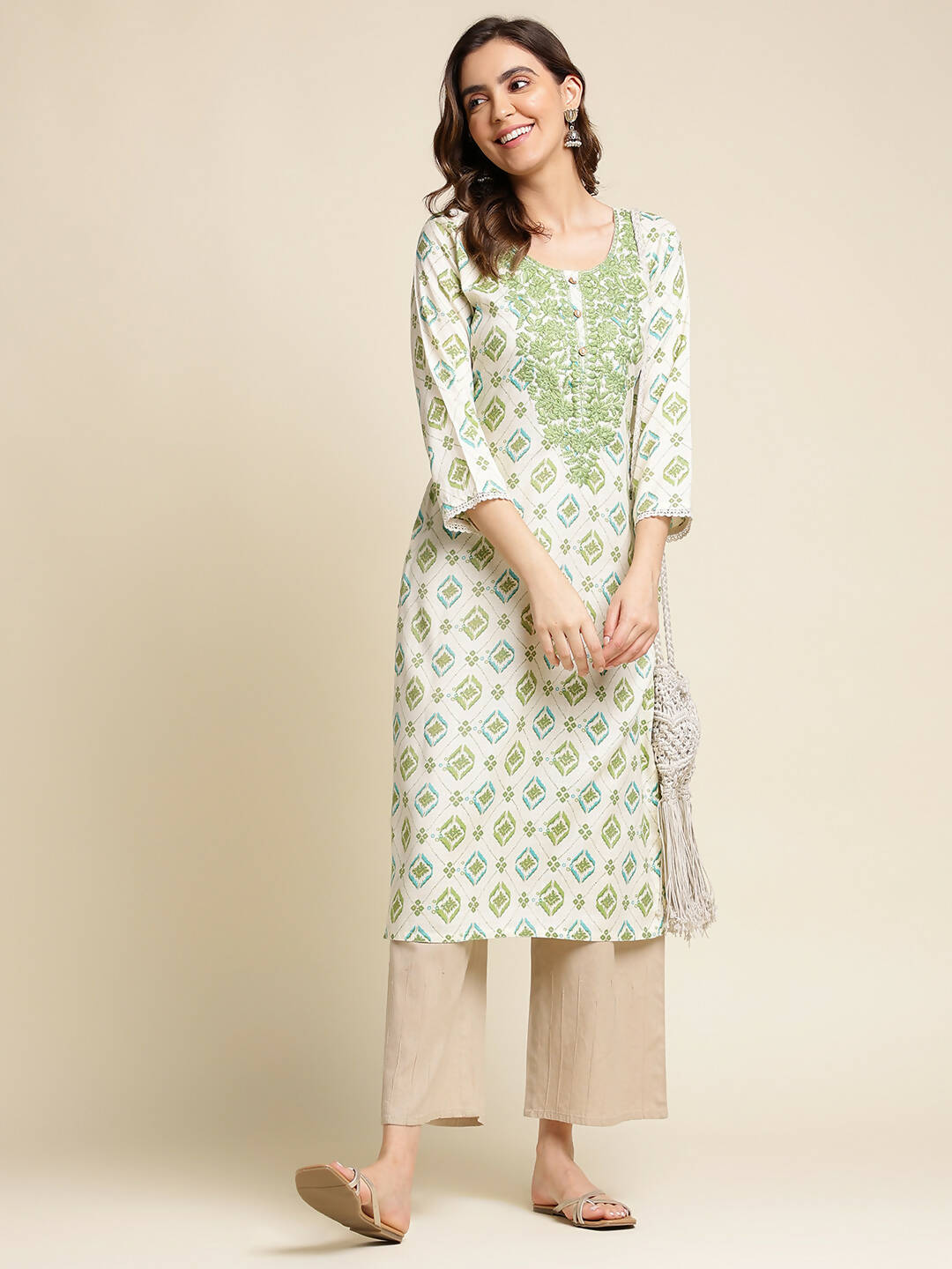 Green Poly Rayon Aztec Printed Straight Fit Kurta - Prasuti