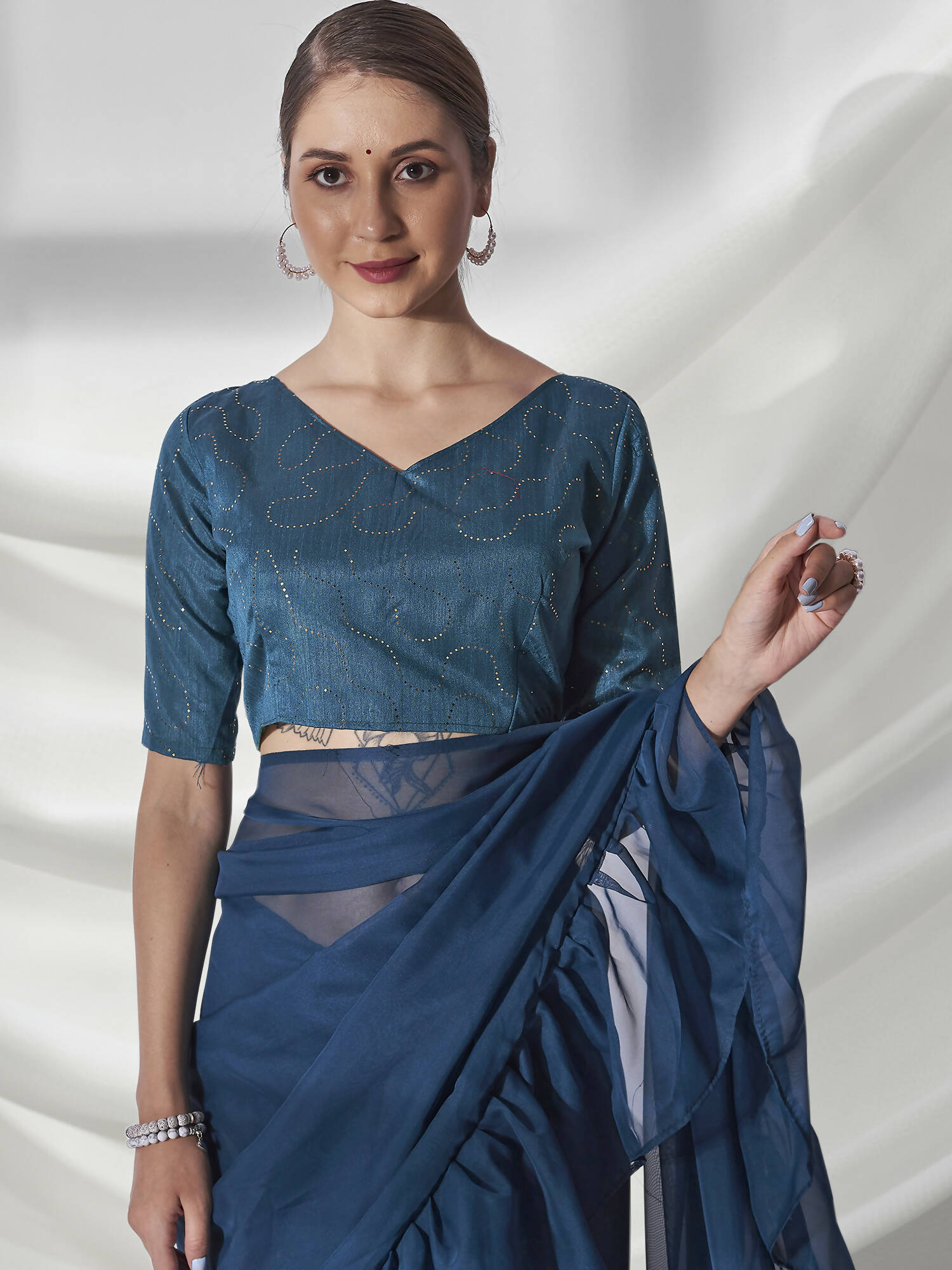 Teal Organza Solid Saree With Unstitched Blouse Piece - Shanaya