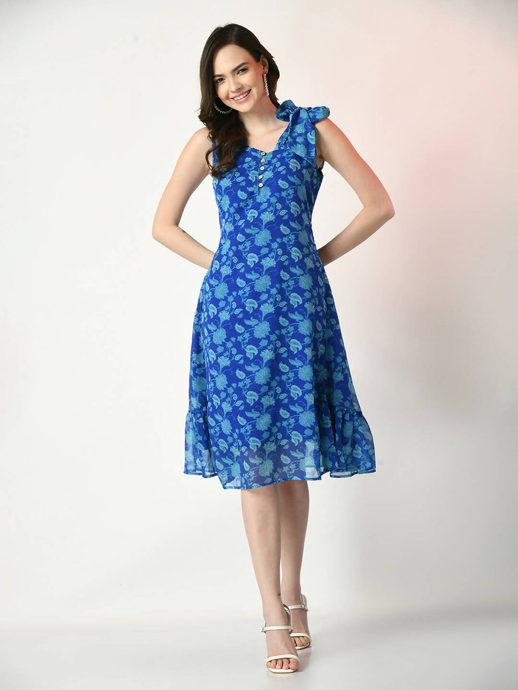 Myshka Women's Blue Fit and Flare Printed Dress