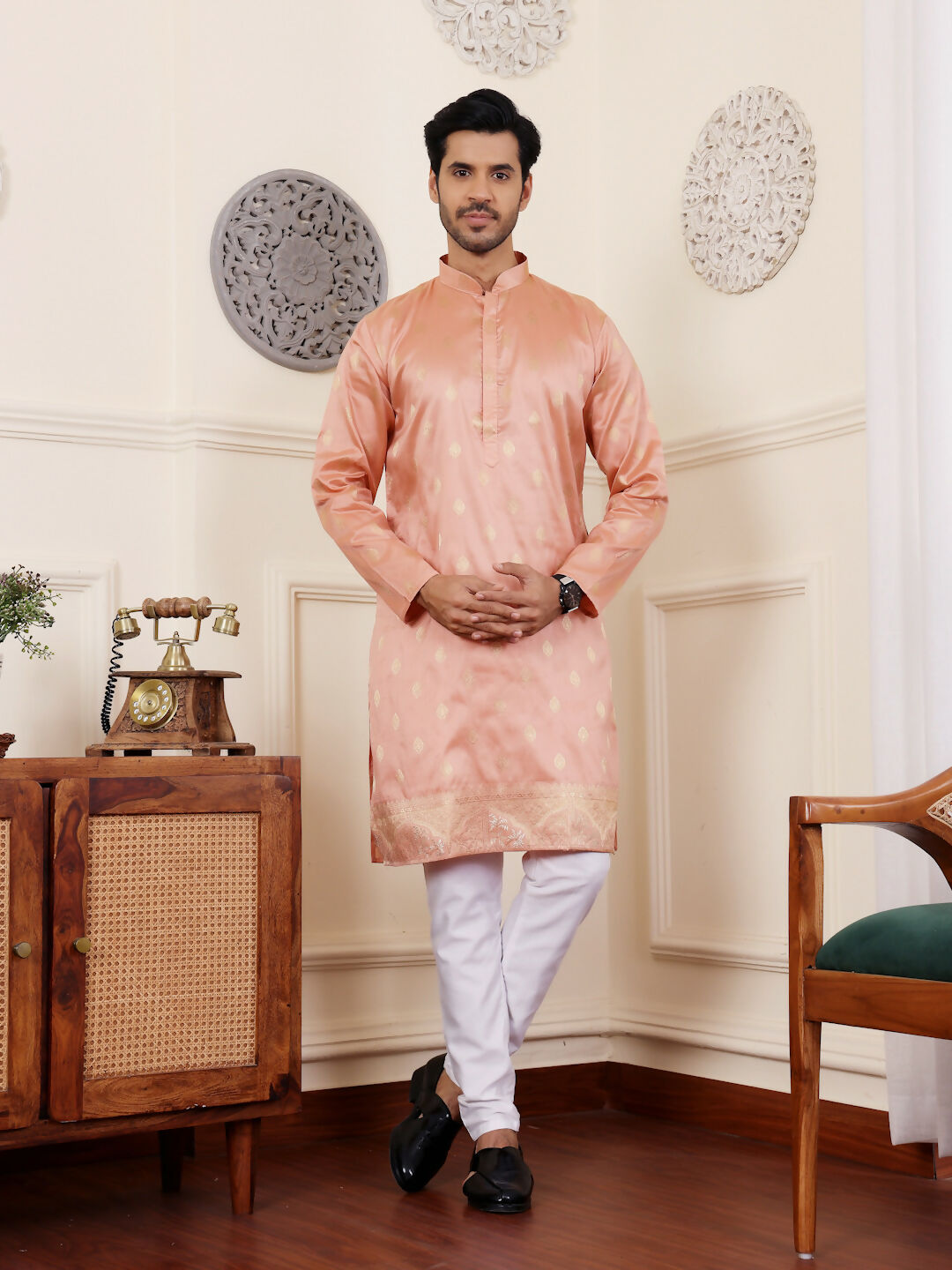 Peach Viscose Woven Jacquard Work Men's Rajwadi Kurta Set - Mahotsav