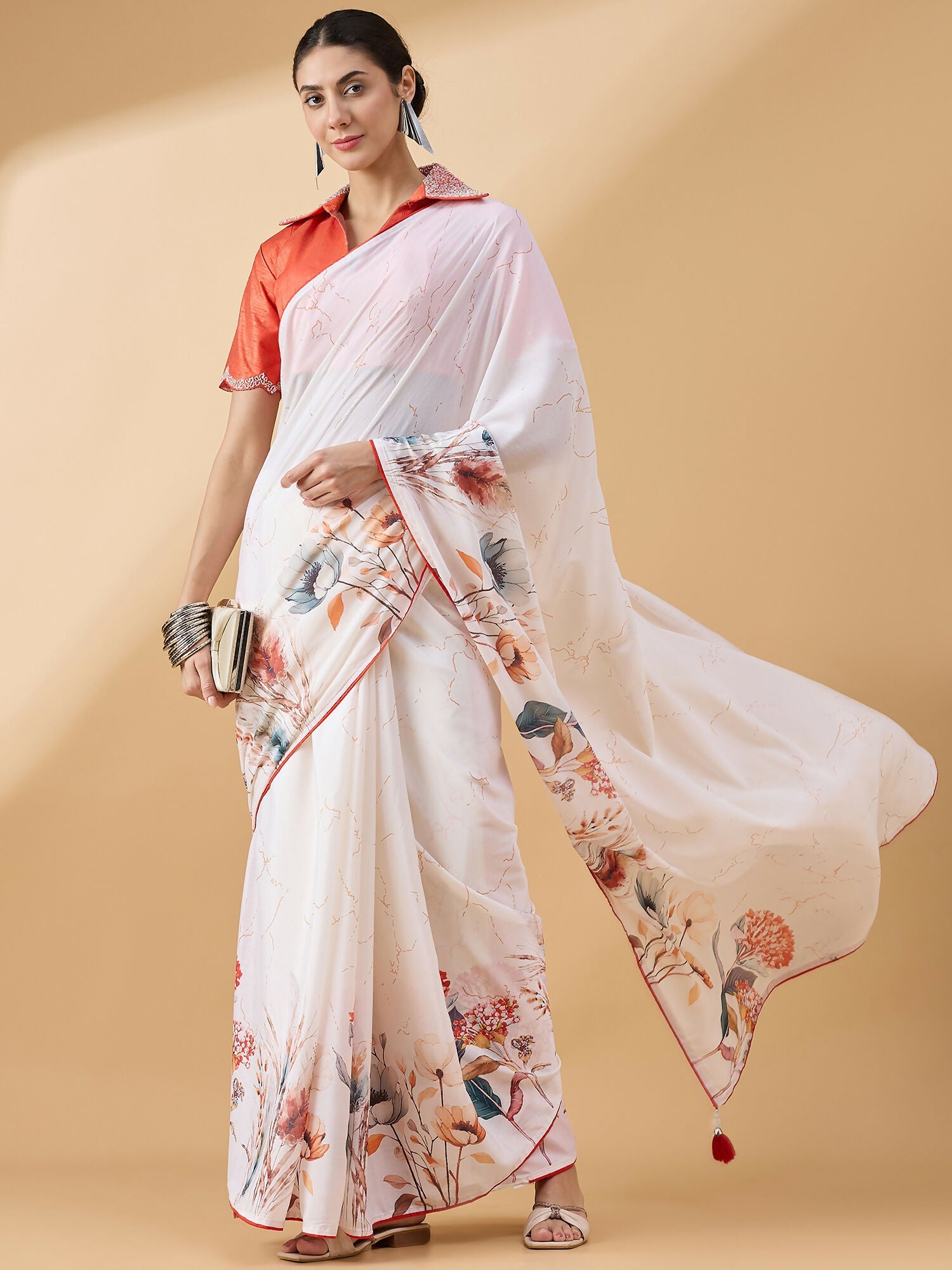 White Chiffon Floral Printed Saree with Stitched Blouse - Dharavi