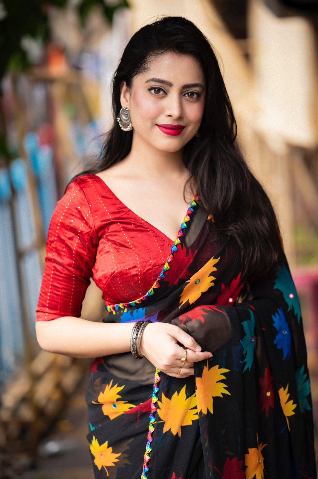Black Poly Georgette Ethnic Motifs Saree with Unstitched Blouse - A2M