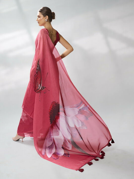 Burgundy Organza Designer Printed Saree - Shezlin