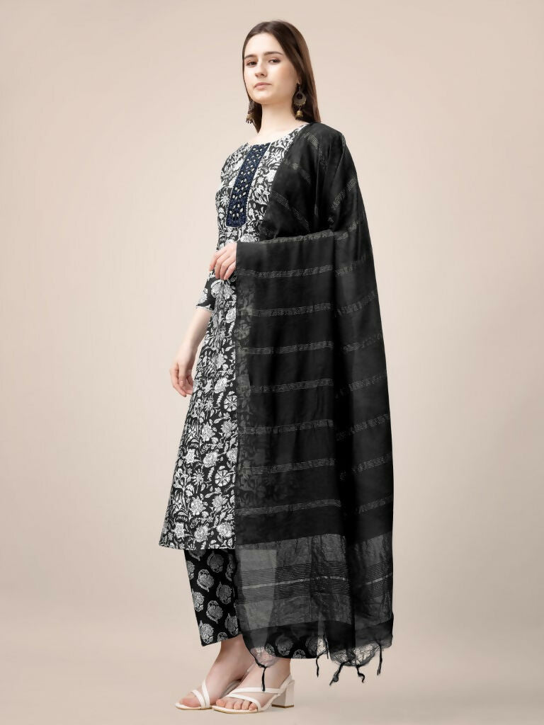 Jyoti Fashion Women's Black Rayon Print with Embroidery & Fancy Lace Work Kurta with Trouser & Dupatta