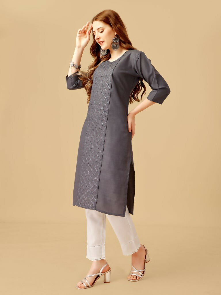Jyoti Fashion Women's Grey Cotton Blend Embroidered Kurta Pant Set
