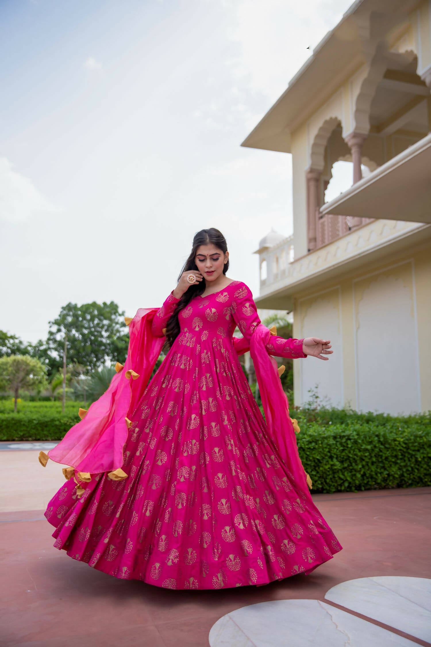Pink Pure Reyon Gold Foil Work Stitched Suit With Dupatta - Anbazaar