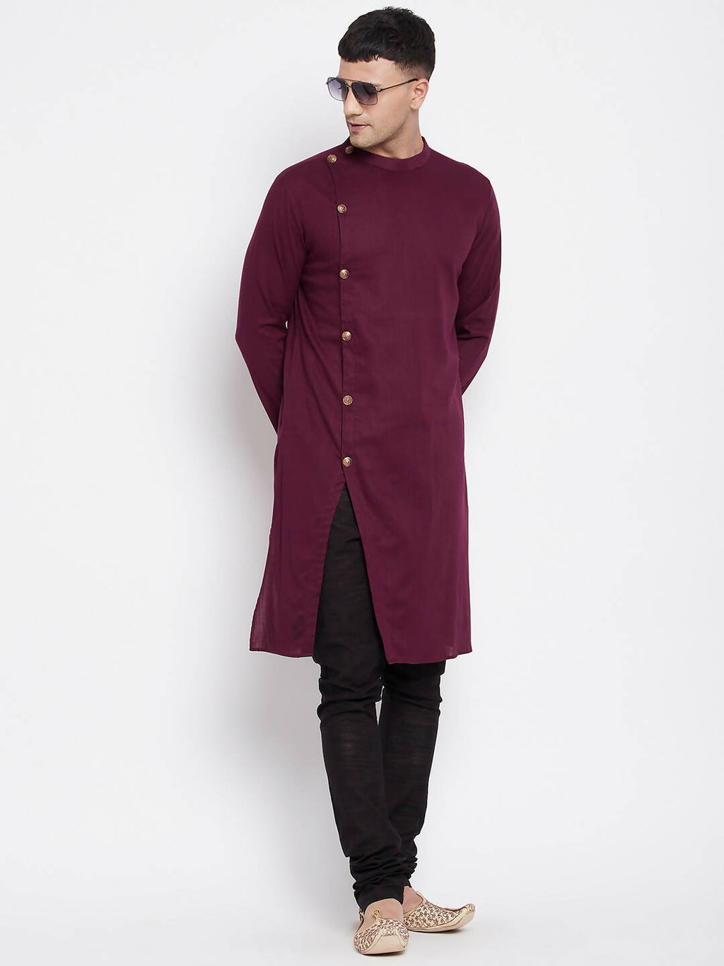 Even Apparels Maroon Pure Cotton Men's Sherwani Kurta With Asymetrical Cut