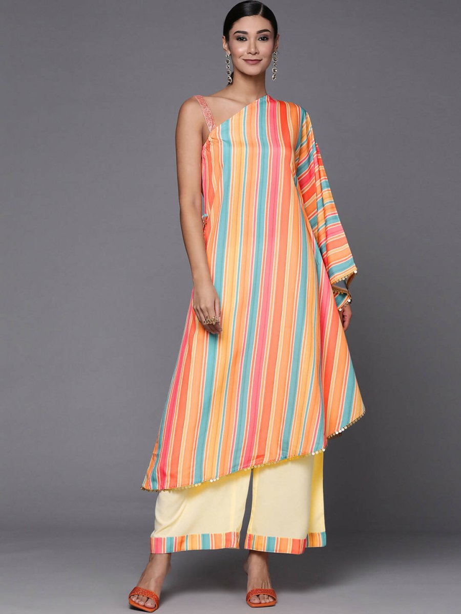 Ahalyaa Peach-Coloured & Blue Printed Striped Asymmetric Taselled Kaftan Kurta Palazzos