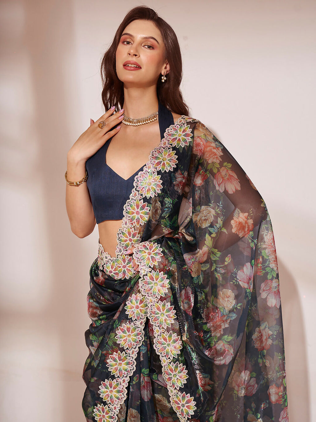 Black Jimmy Choo Designer Work Lace Border & Swarovski Work Saree - Orchid
