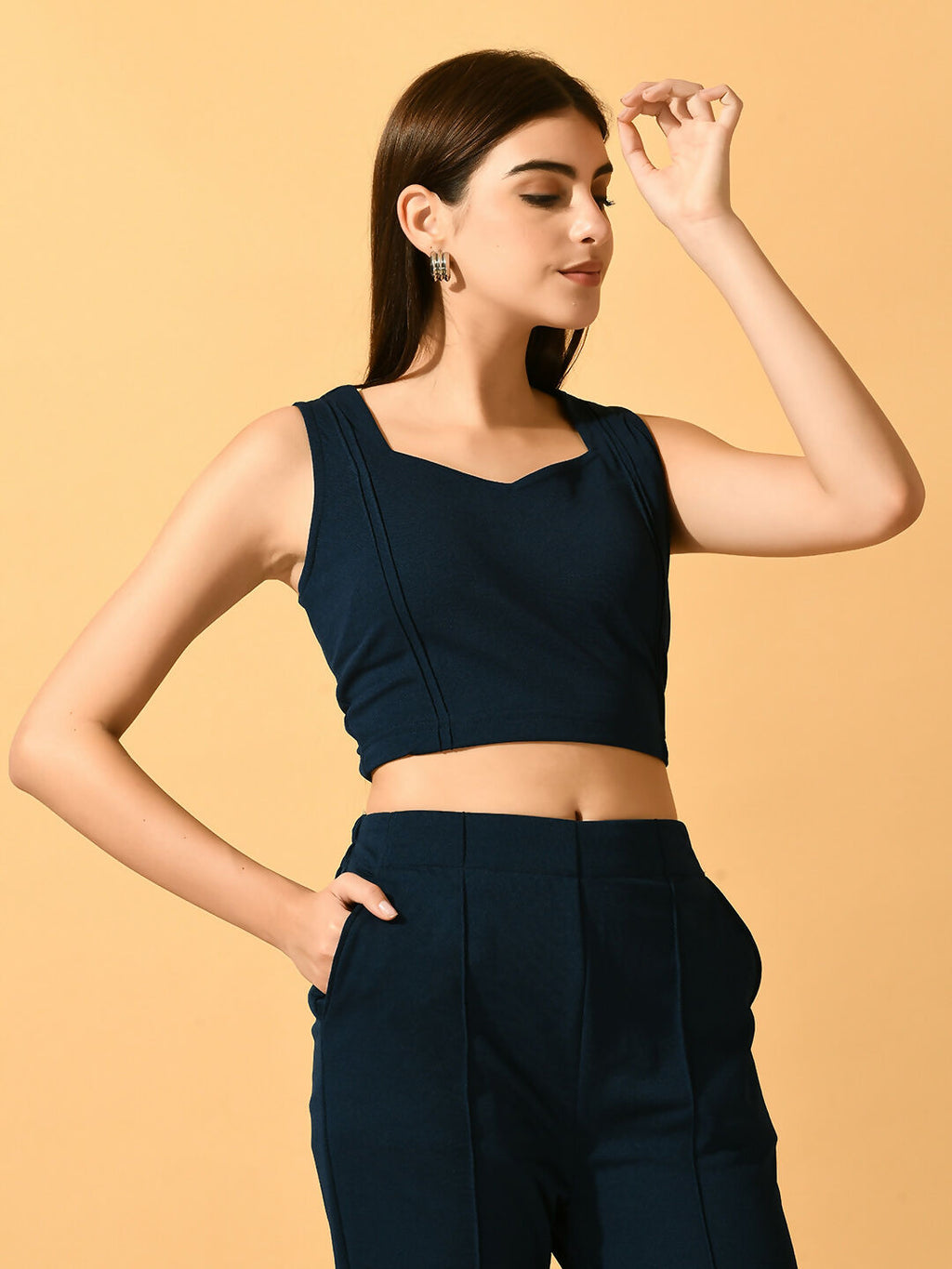 Myshka Women's Navy Blue Solid Top With Trousers