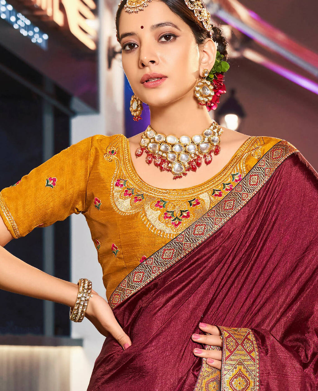 Dark Maroon Solid Vichitra Saree With Unstitched Blouse Piece - Selena