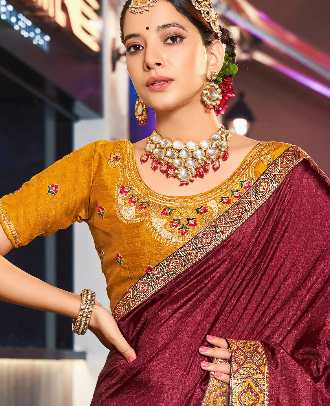 Dark Maroon Solid Vichitra Saree With Unstitched Blouse Piece - Selena