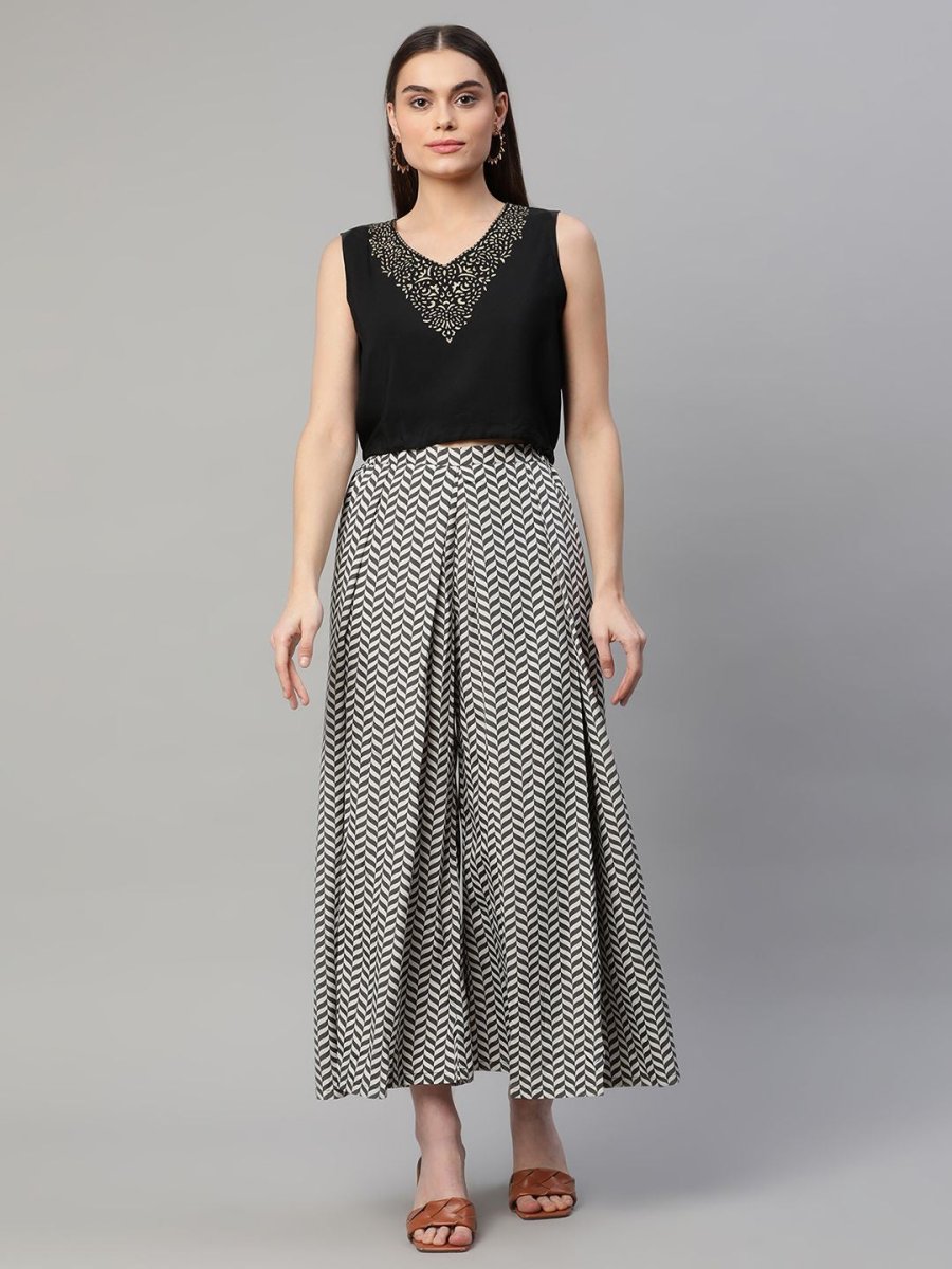Ahalyaa Women Black Crepe Printed Top Palazzo Set