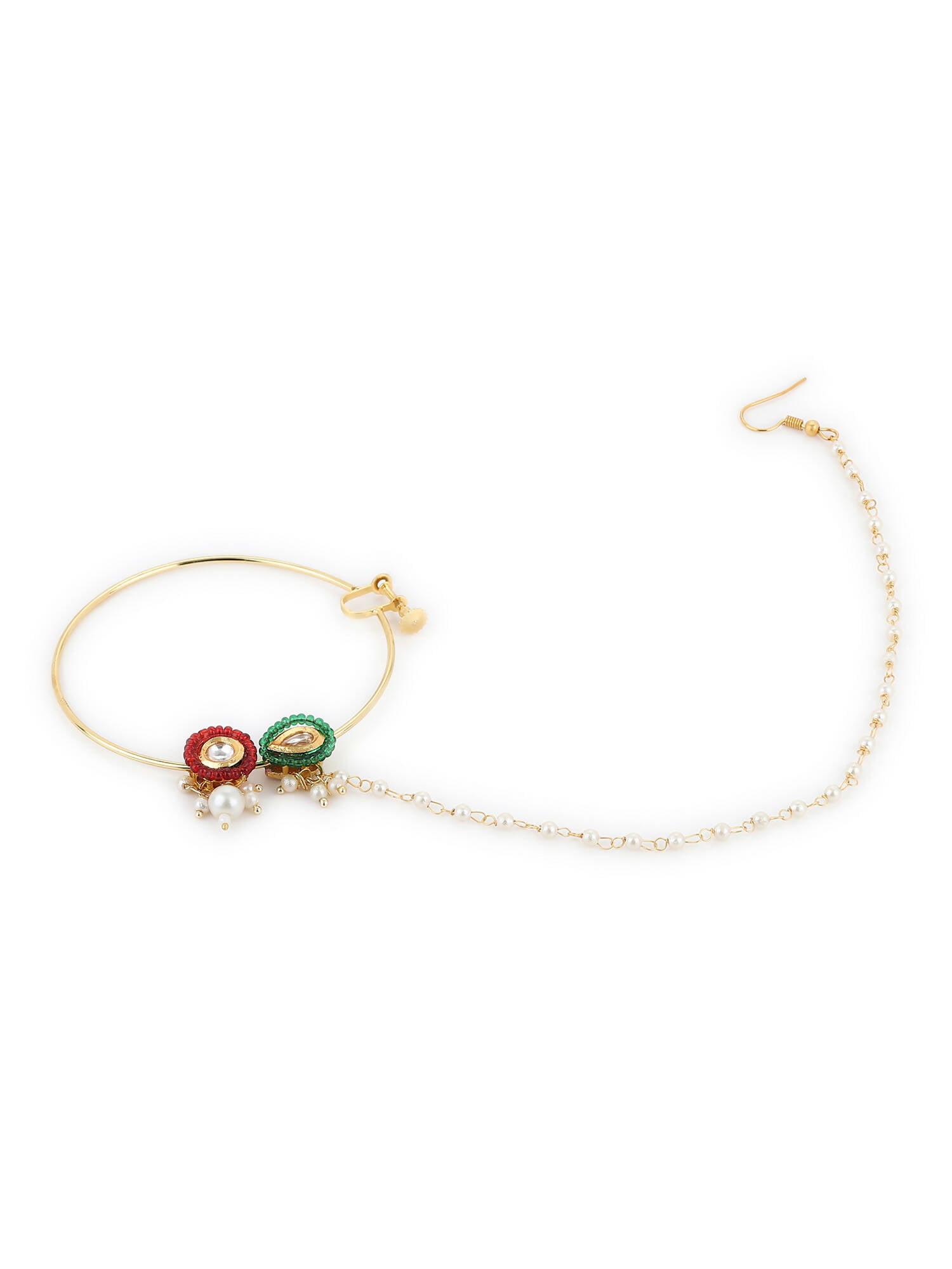 Gold-Polished White Red Stone-Studded Pearl Beaded Nosepin - Ruby Raang