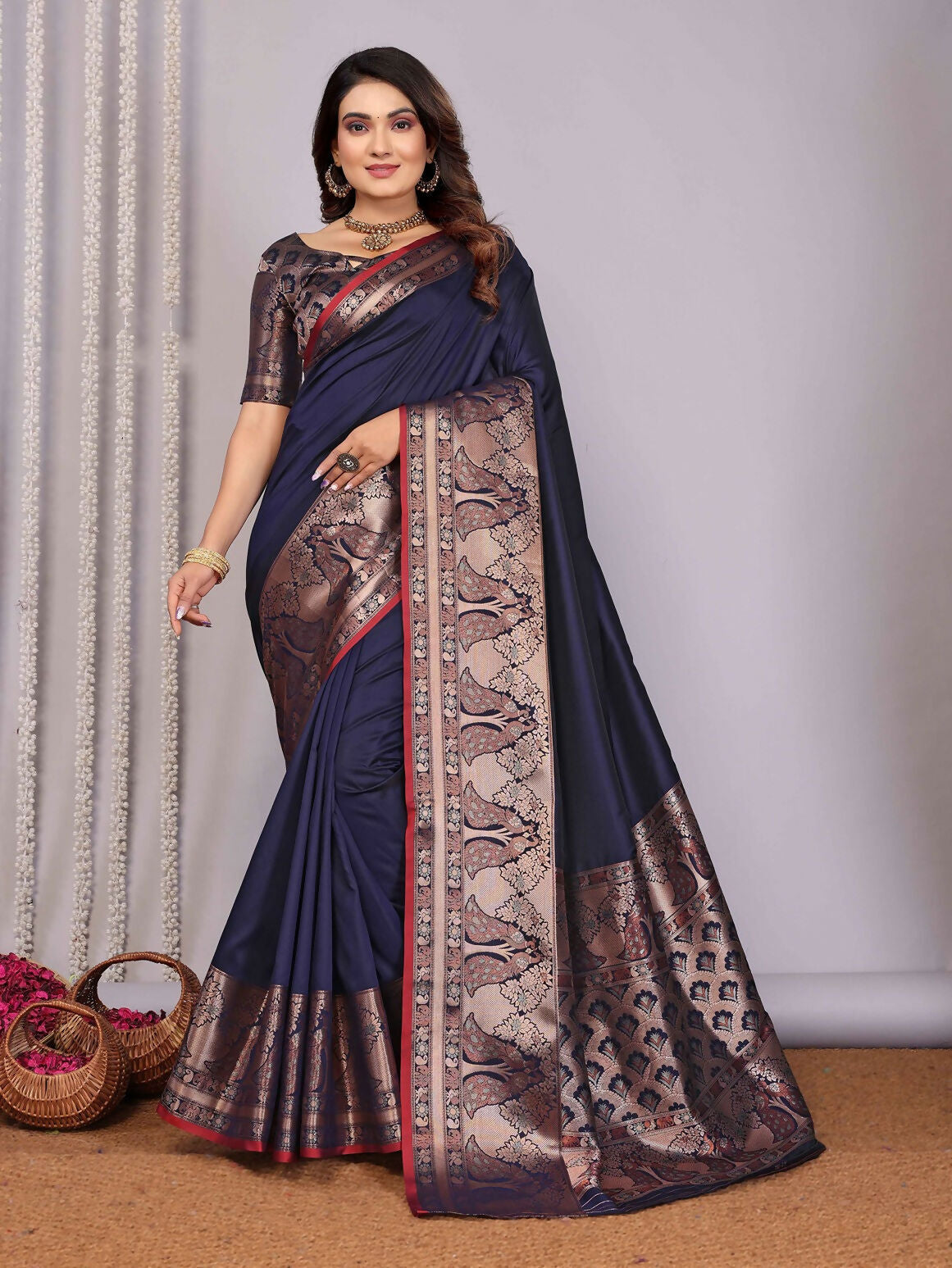 Joban Fashion Navy Blue Woven Banarasi Silk Sarees